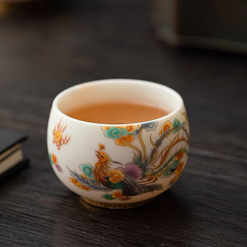 Tasse à thé en céramique Dragon Phénix avec nuages ​​propices | Décor Zen