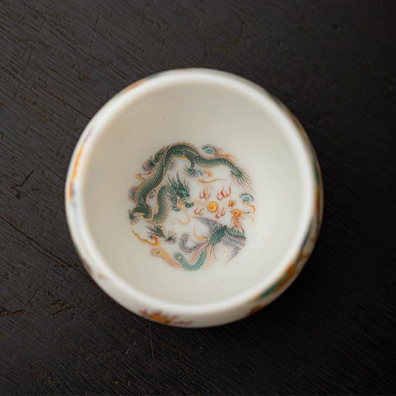 Tasse à thé en céramique Dragon Phénix avec nuages ​​propices | Décor Zen