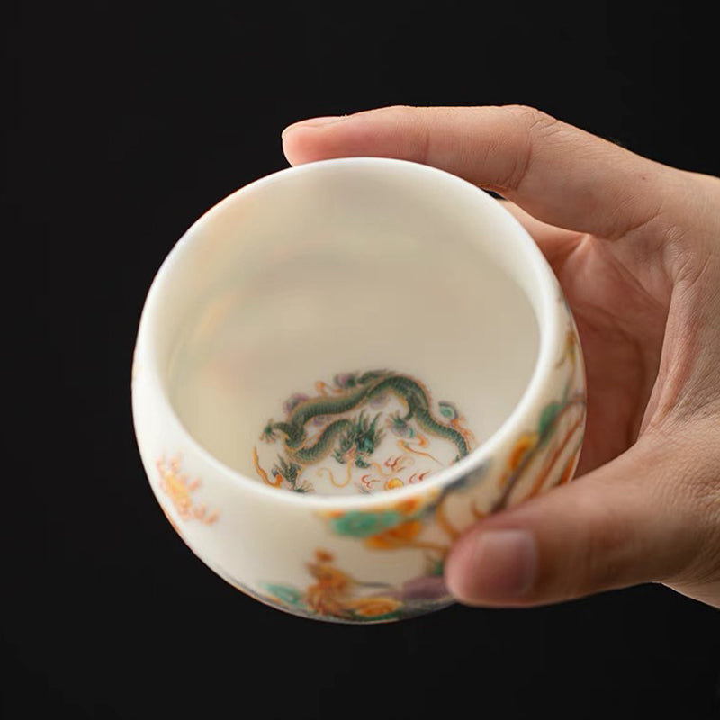 Tasse à thé en céramique Dragon Phénix avec nuages ​​propices | Décor Zen