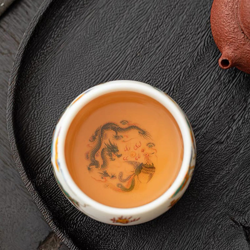 Tasse à thé en céramique Dragon Phénix avec nuages ​​propices | Décor Zen