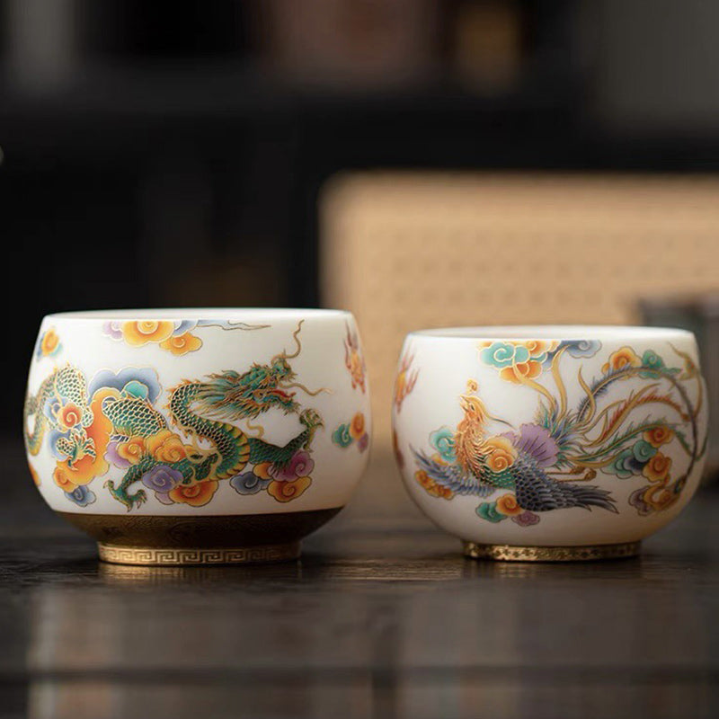 Tasse à thé en céramique Dragon Phénix avec nuages ​​propices | Décor Zen