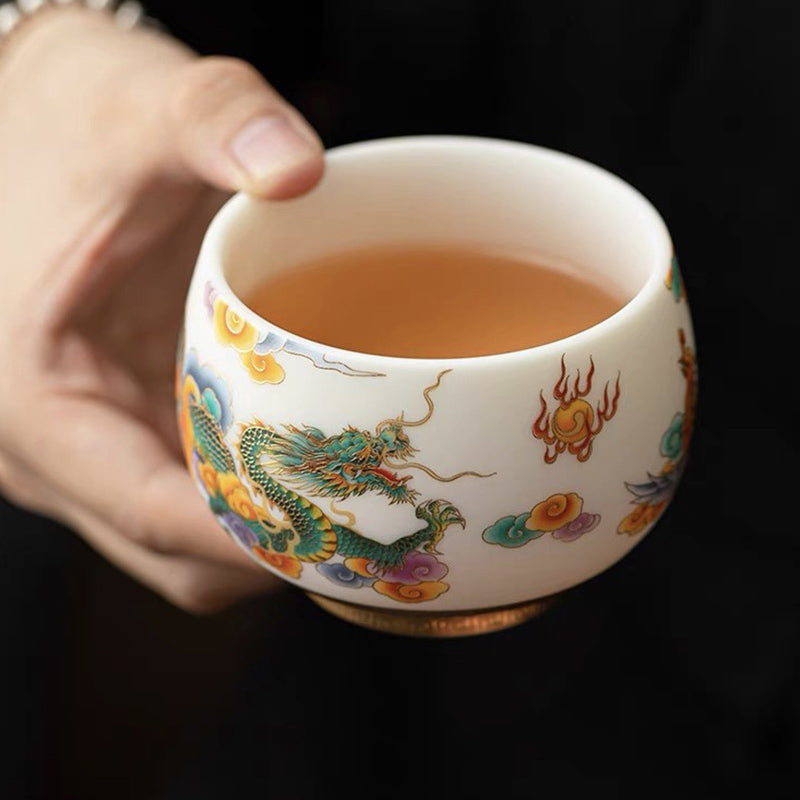 Tasse à thé en céramique Dragon Phénix avec nuages ​​propices | Décor Zen