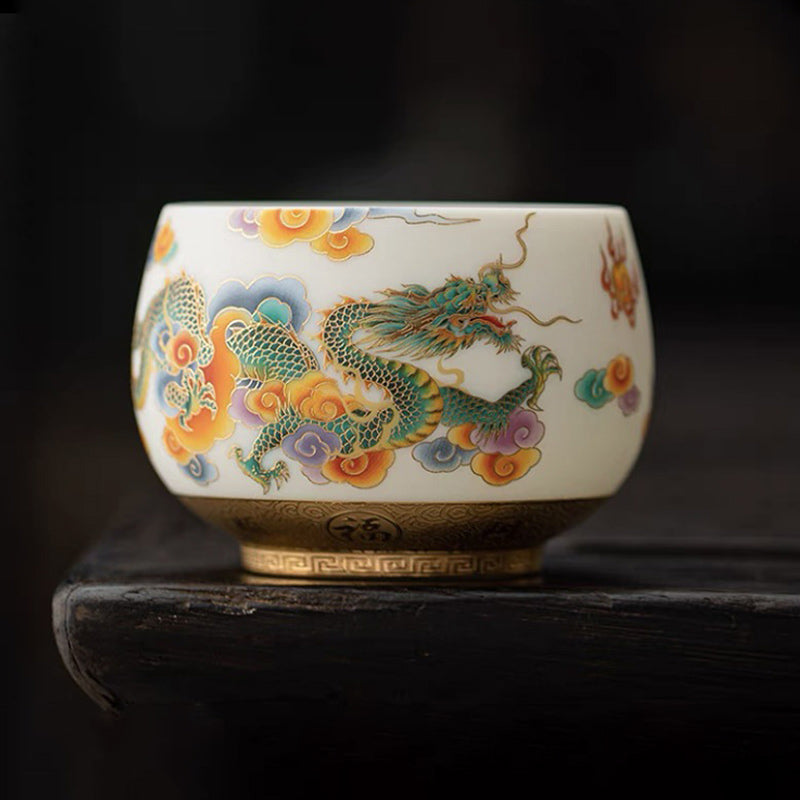 Tasse à thé en céramique Dragon Phénix avec nuages ​​propices | Décor Zen