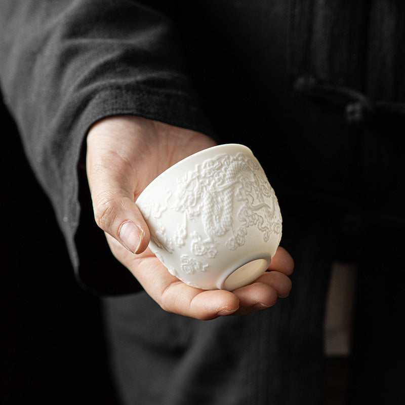 Tasse à thé en porcelaine blanche Dragon Phoenix Décor Zen 115 ml