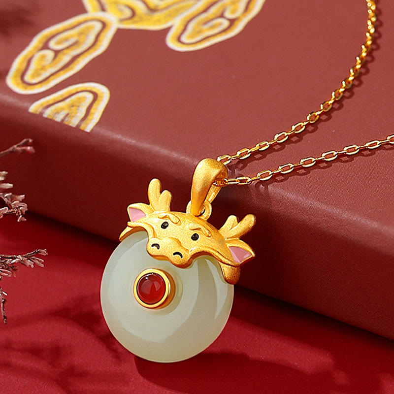 Collier Dragon Zodiac | Argent sterling, jade Hetian et agate rouge