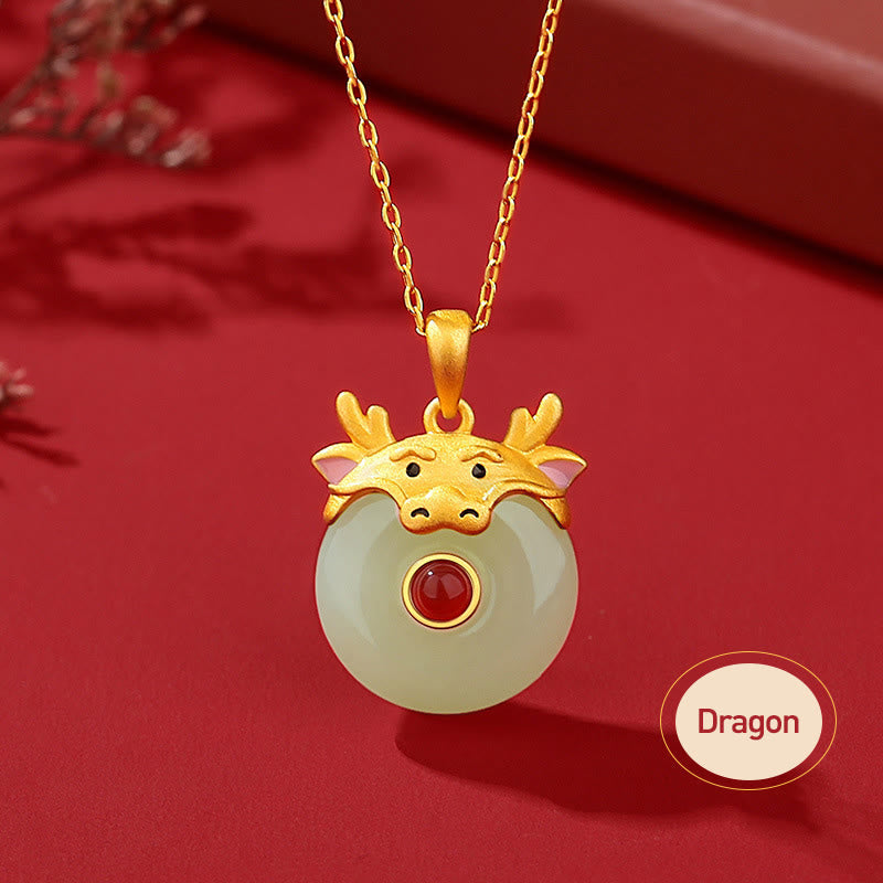 Collier Dragon Zodiac | Argent sterling, jade Hetian et agate rouge