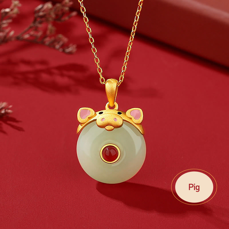 Collier Dragon Zodiac | Argent sterling, jade Hetian et agate rouge