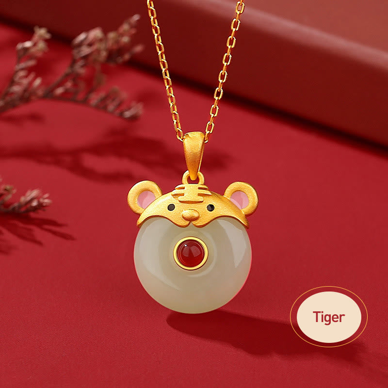 Collier Dragon Zodiac | Argent sterling, jade Hetian et agate rouge