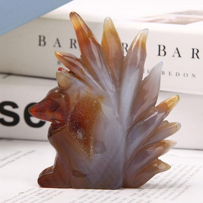 Sculpture en cristal d'agate druzy, renard à neuf queues, 11-13 cm