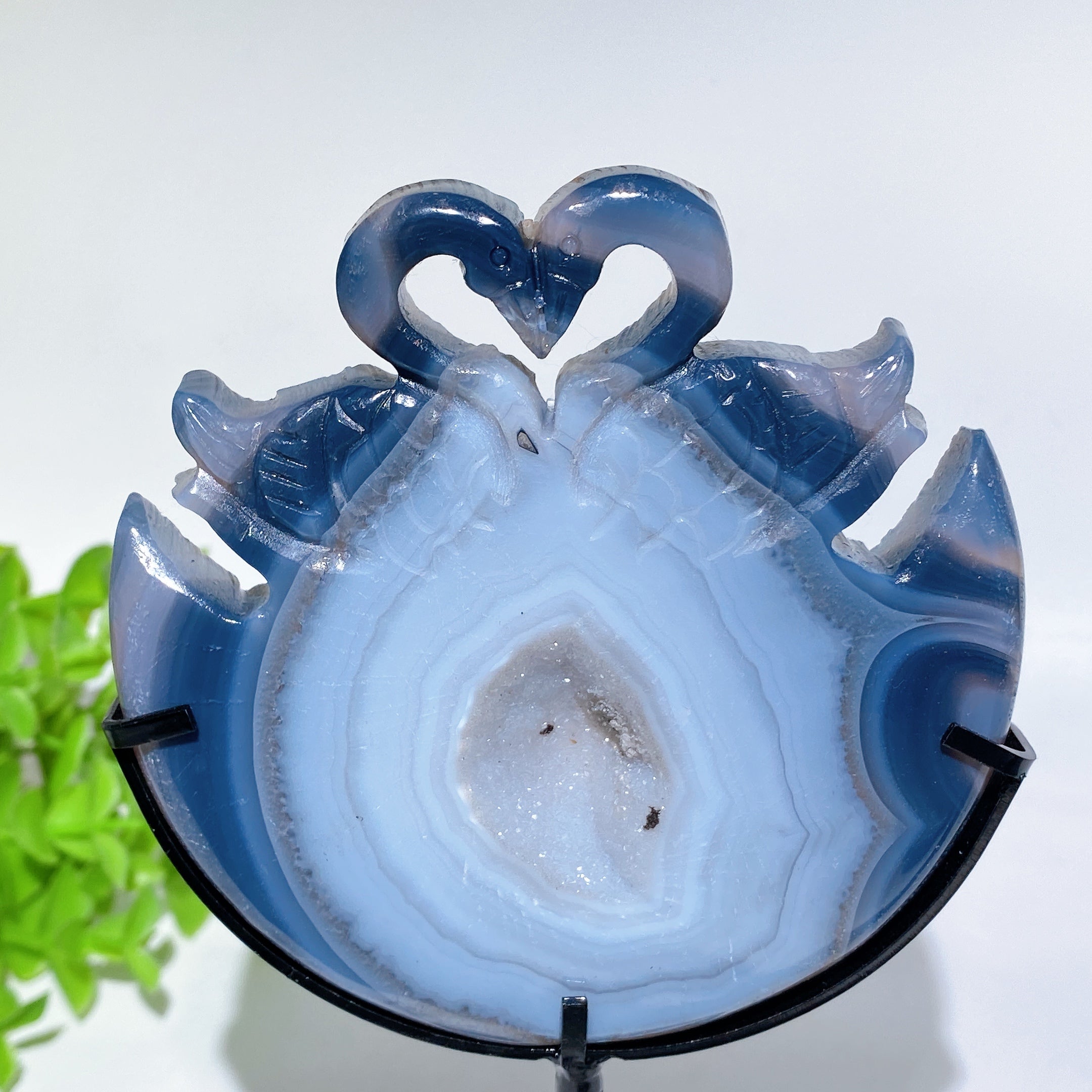 Druzy Agate Swan Crystal Carving 3.9 Inch With Stand
