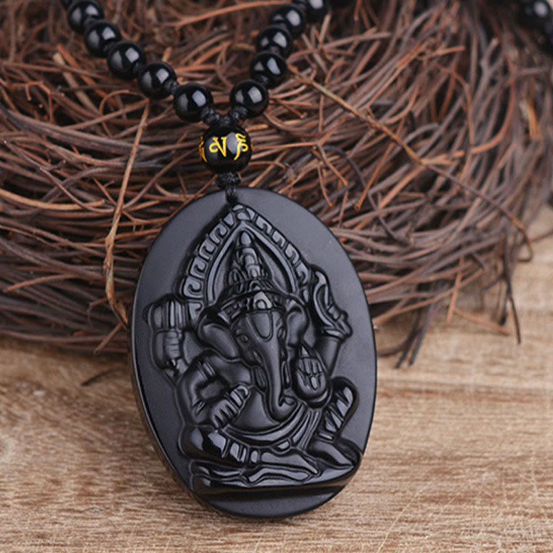 Obsidian Ganesh Elephant Wealth Amulet Necklace 56cm