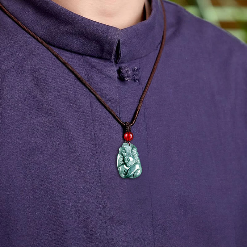 Natural Green Jade Nine-Tailed Fox Prosperity Necklace