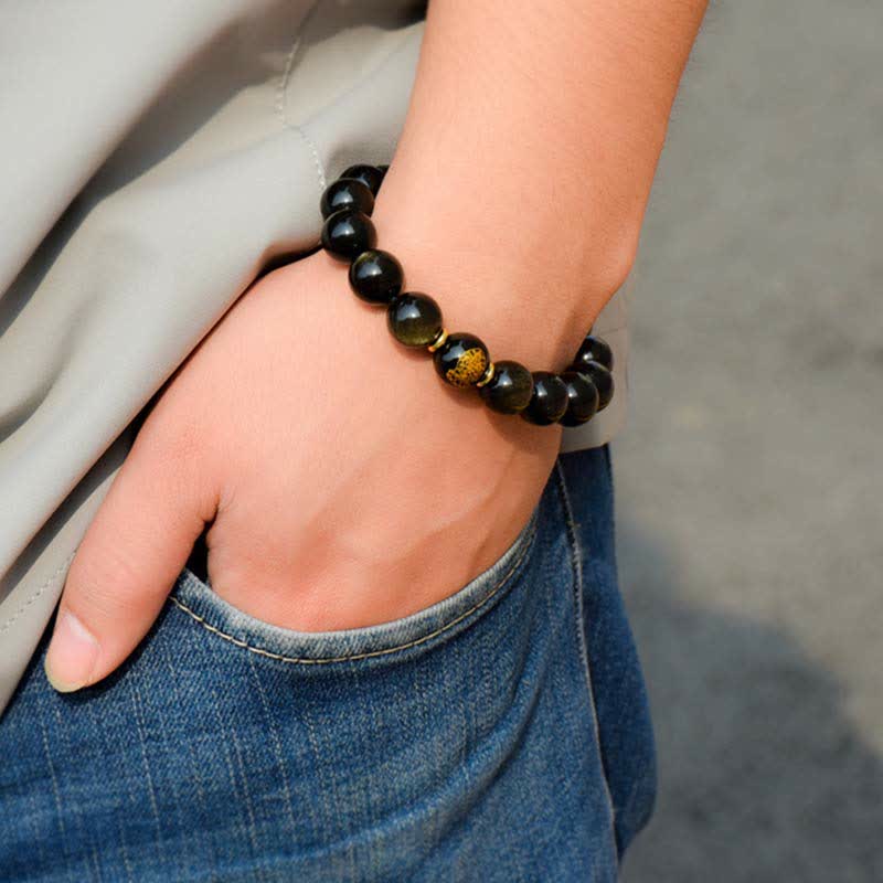 Bracelet de protection du zodiaque chinois en obsidienne dorée brillante 12 mm