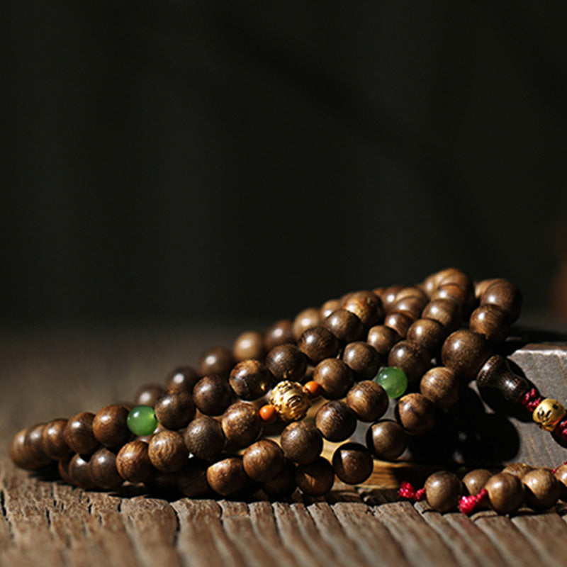 8mm Agarwood Cyan Jade 108 Bead Mala Bracelet for Strength