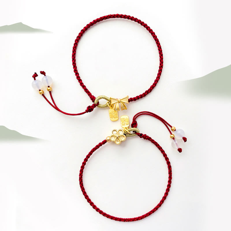 Red String Bracelet with Fu Character Charm and Peach Blossom Detail