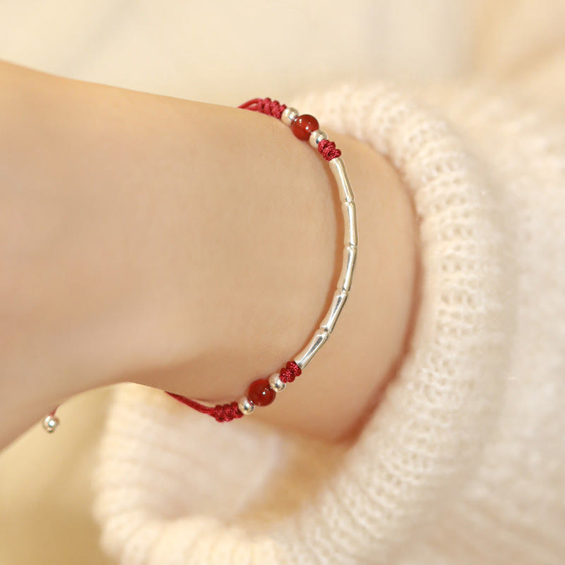 Unisex Sterling Silver Bamboo Red String Agate Protection Bracelet
