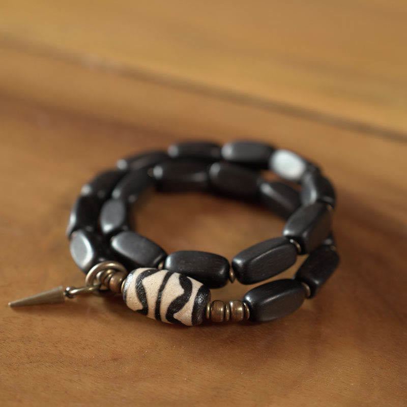 Ebony Wood Double Wrap Bracelet with Dzi Beads for Balance