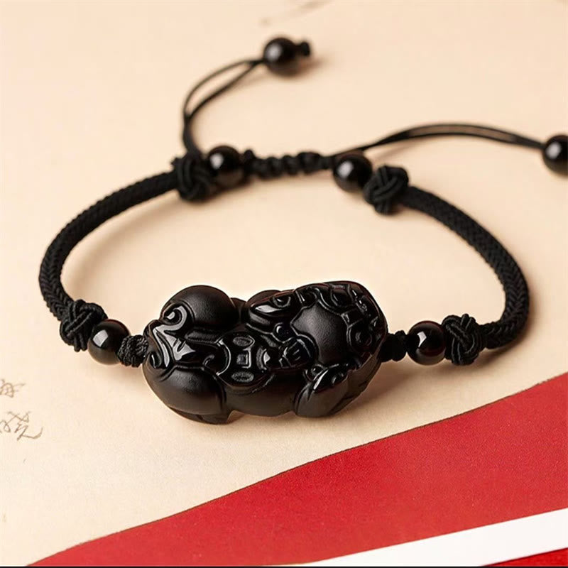 Pixiu Protection Bracelet with Obsidian, Amethyst & Citrine Stones