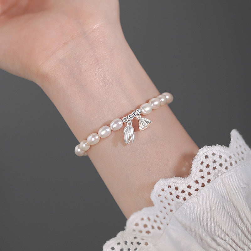 999 Sterling Silver Lotus Pearl Healing Bracelet 14-16cm