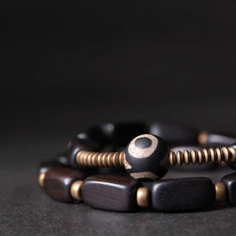 Ebony Wood Double Wrap Bracelet with Dzi Beads for Balance