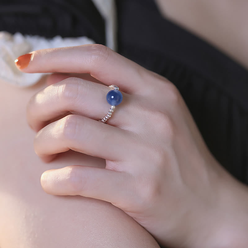 Blue Candy Agate 8mm Healing Bead Ring - Sterling Silver