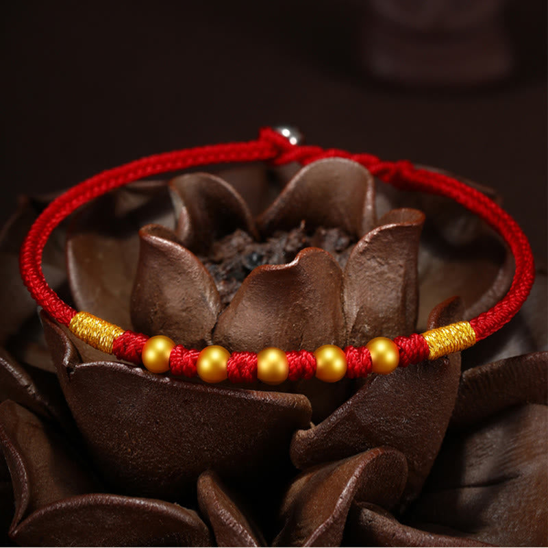 Handmade Red String Bracelet with 999 Gold Beads and King Kong Knot for Protection