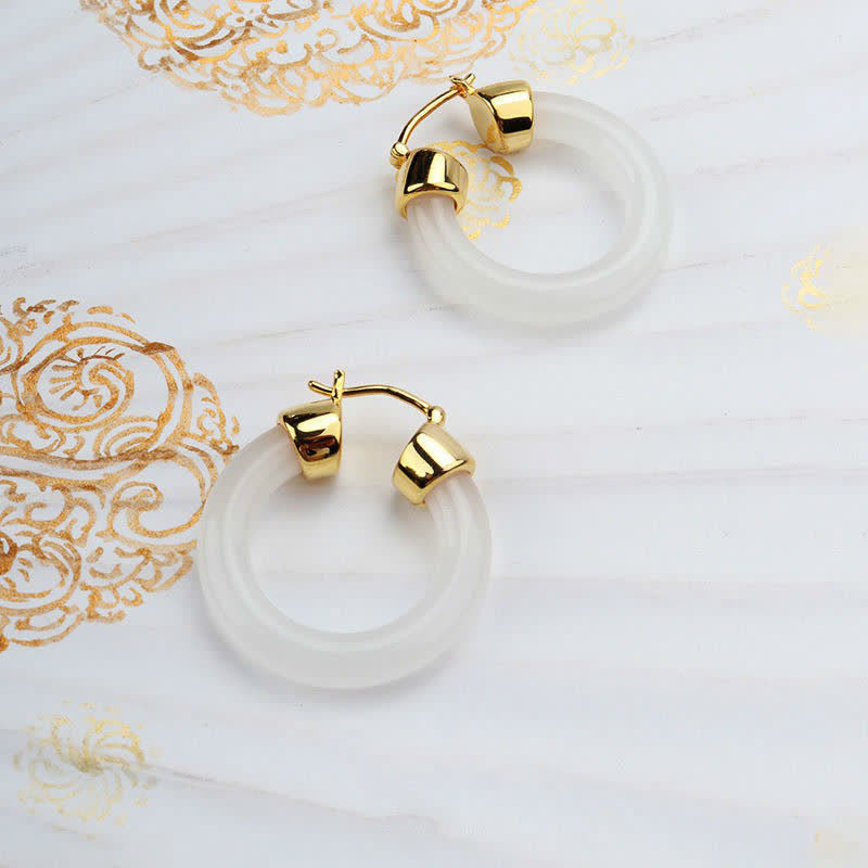 Round White Jade Prosperity Earrings with Silver and Gold Options