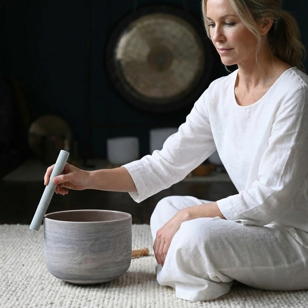 Bol chantant en cristal de quartz et pierre précieuse rubis pour la méditation