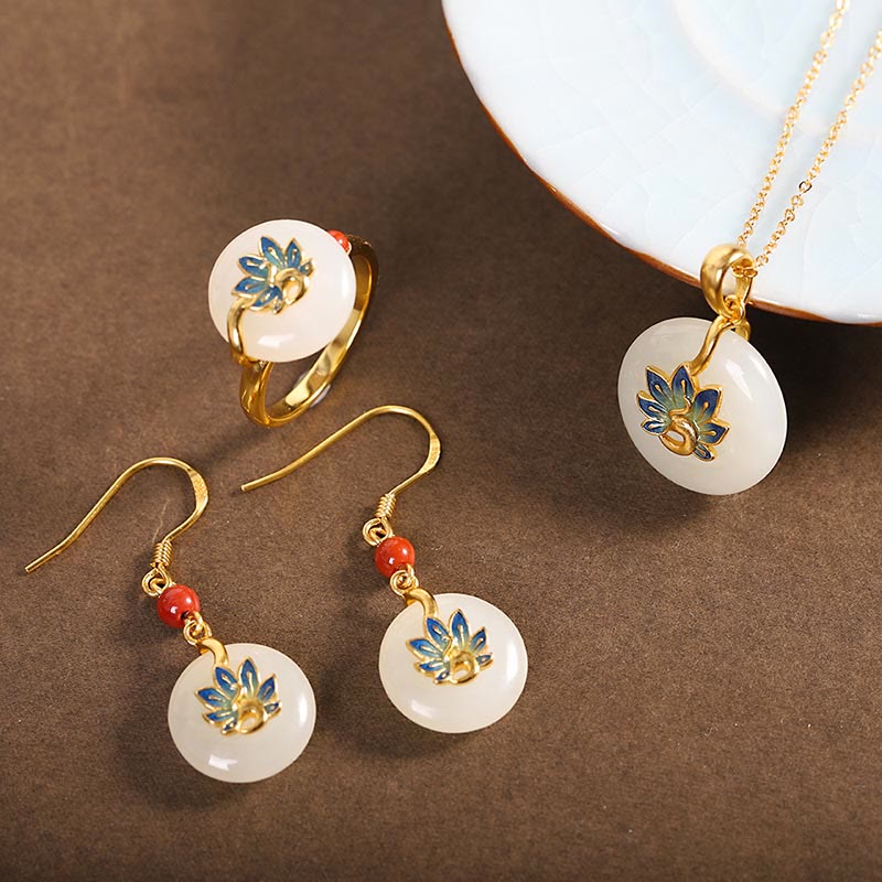Natural Hetian White Jade Jewelry Set with Sterling Silver Blessing Peacock