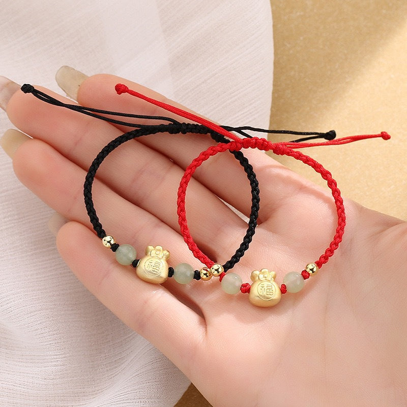 Fu Character Lucky Jade Bead Braided Unisex Bracelet
