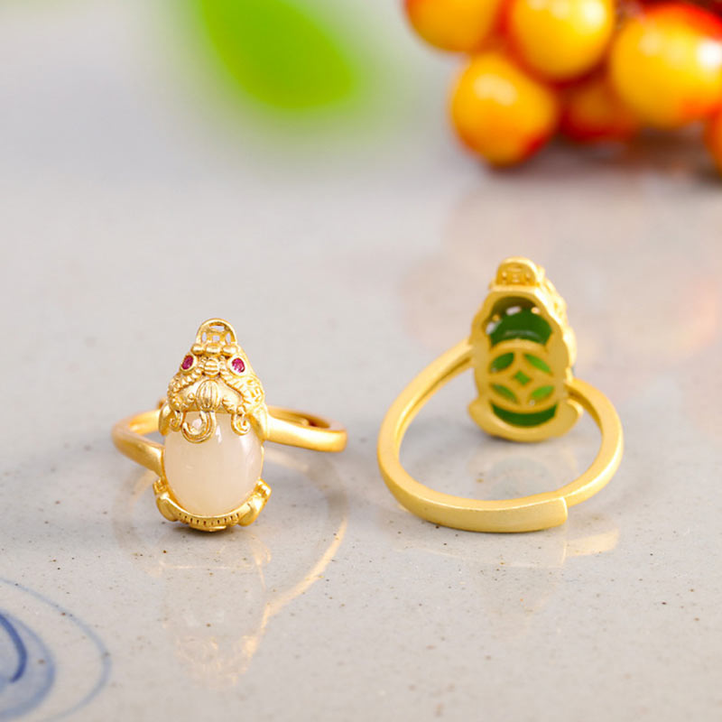 Adjustable 18k Gold Pixiu Jade Ring for Wealth & Luck