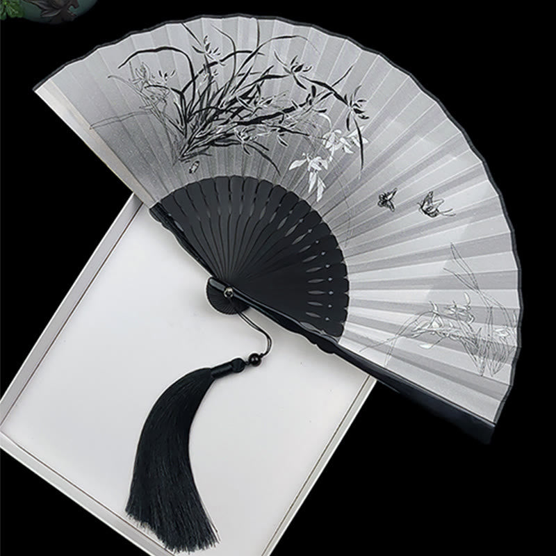 Vintage Bamboo Peony Butterfly Lotus Chinese Folding Silk Fan