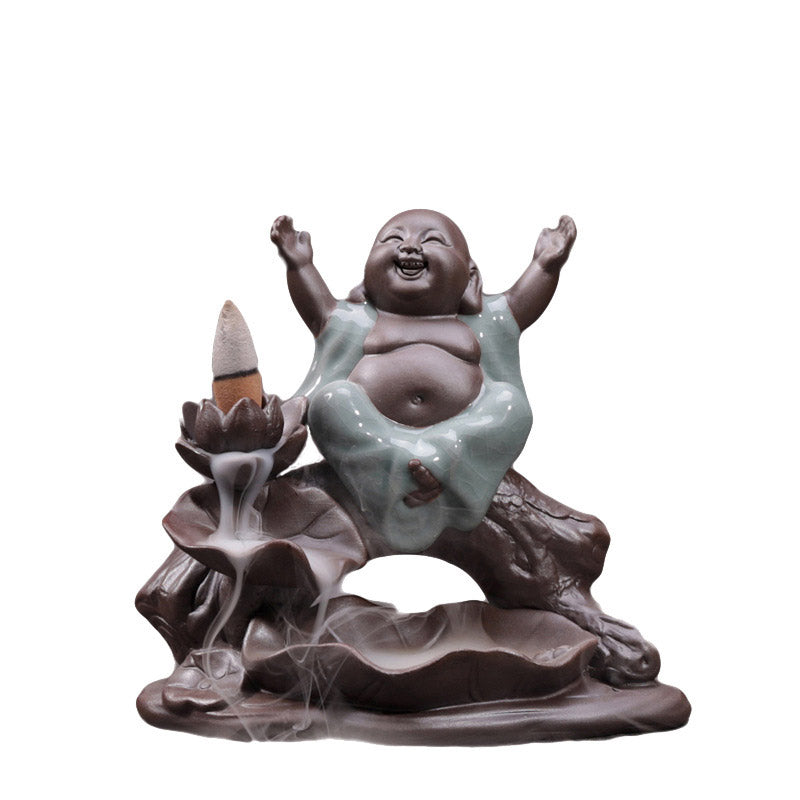 Ceramic Lotus Blessing Incense Burner with Little Monk