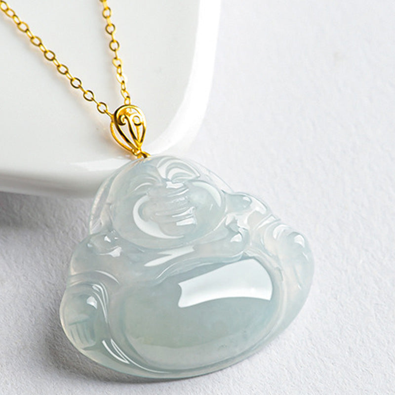 Collier pendentif Bouddha rieur en jade, or 18 carats, pour l'abondance
