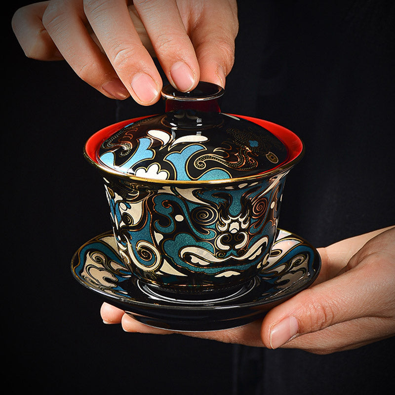 Peking Opera Mask Ceramic Gaiwan Tea Cup 125ml Set