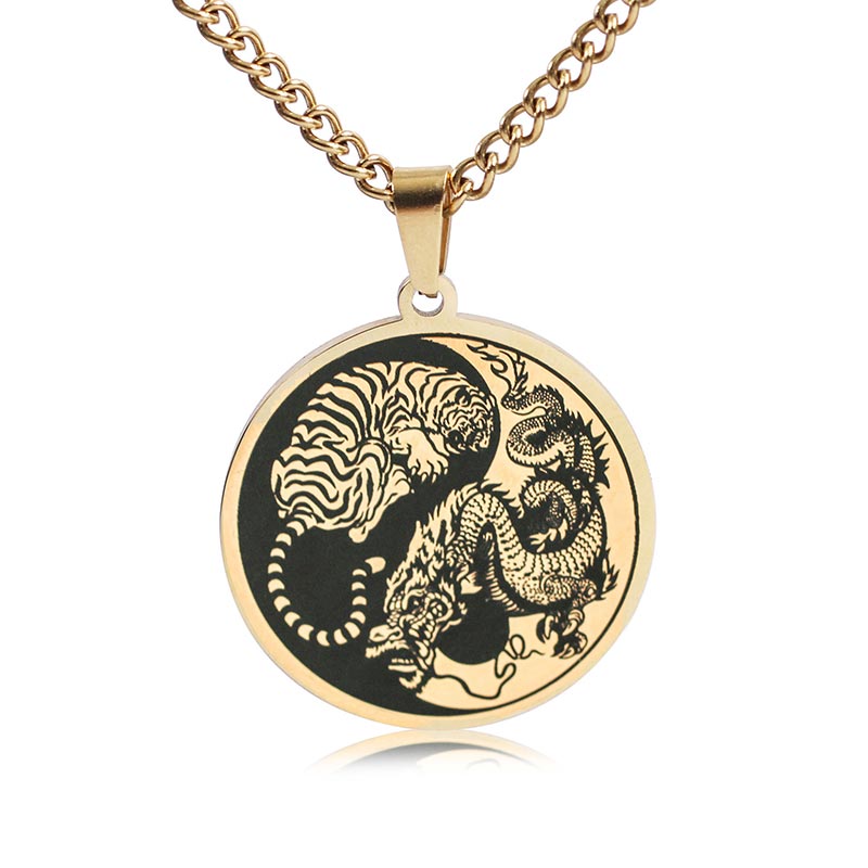 Collier Dragon en Acier Titane avec Pendentif Harmonie Dragon Tigre