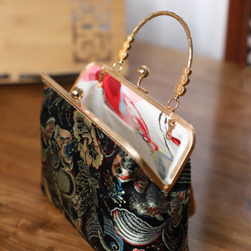 Vintage Flower Butterfly Crane Sea Waves Metal Chain Shoulder Bag