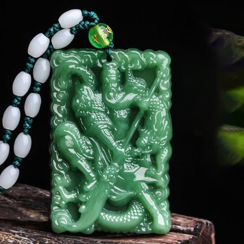 Unisex Jade Necklace Lord Guan Protection Pendant 56mm