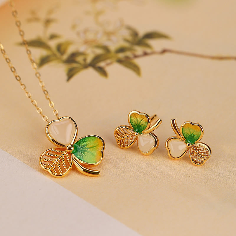 Hetian Jade Luck Shamrock Necklace & Earrings Set