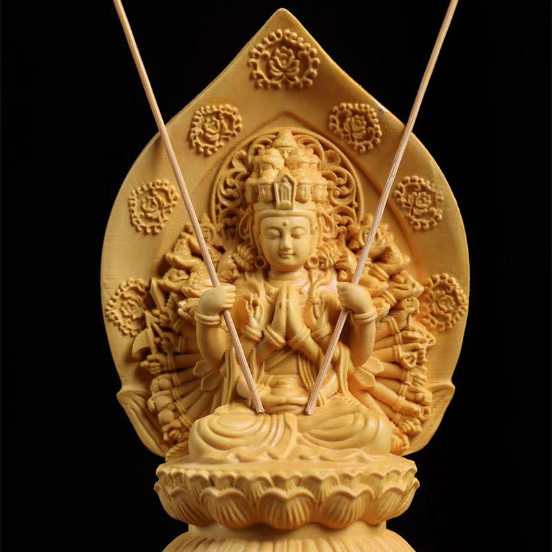 Handmade Boxwood Kwan Yin Statue 20cm Avalokitesvara Sculpture