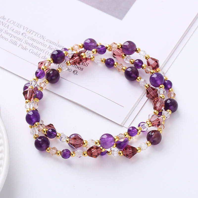 Bracelet double tour en améthyste avec tourmaline et quartz fraise pour la paix