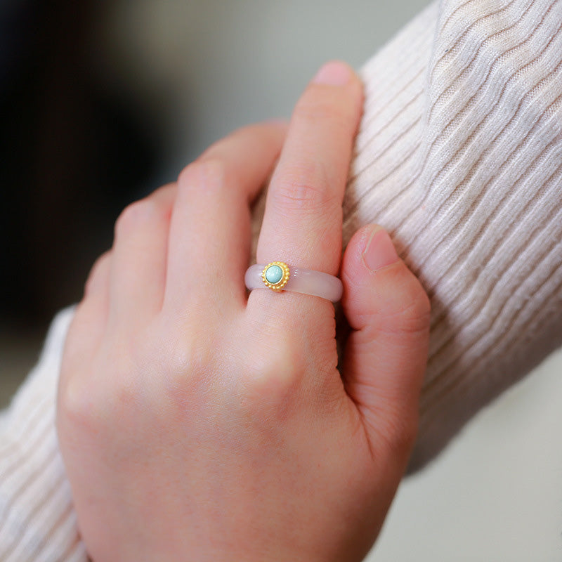 Cyan Jade & Red Agate Luck Protection Ring | Agate Rings