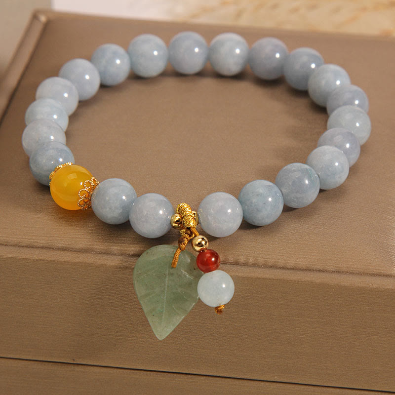 8mm Aquamarine Jade Leaf Healing Charm Bracelet