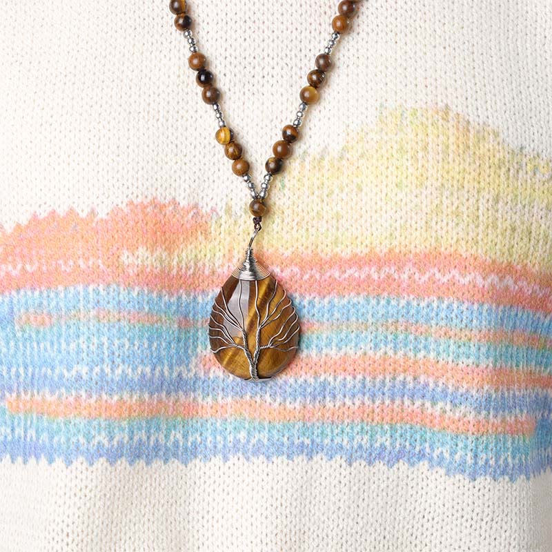 Natural Tiger Eye Strength Beaded Pendant Necklace 70cm