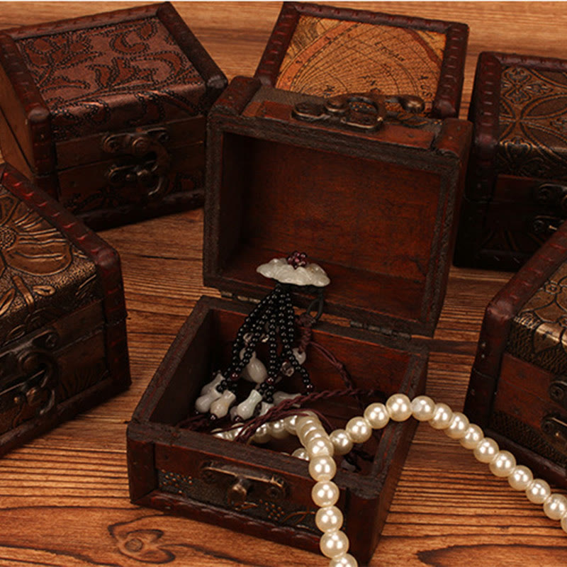Retro Small Square Wood Jewelry Box with Lotus Design