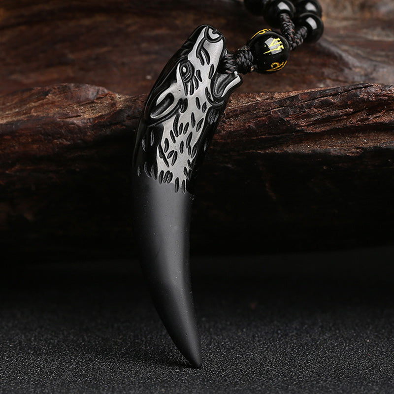 Large Ice Obsidian Wolf Tooth Pattern Courage Necklace