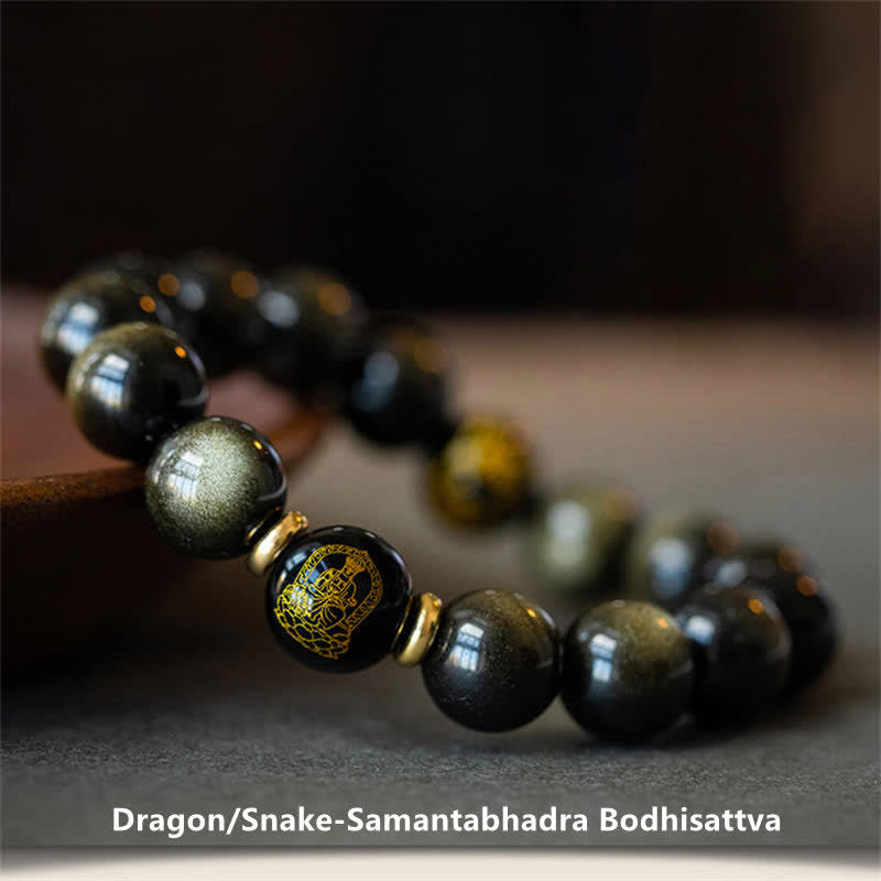 Bracelet de protection du zodiaque chinois en obsidienne dorée brillante 12 mm