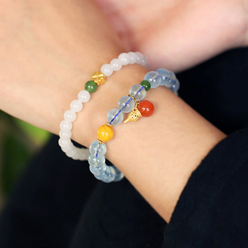 8mm Aquamarine Red Agate Peace Charm Bracelet for Serenity