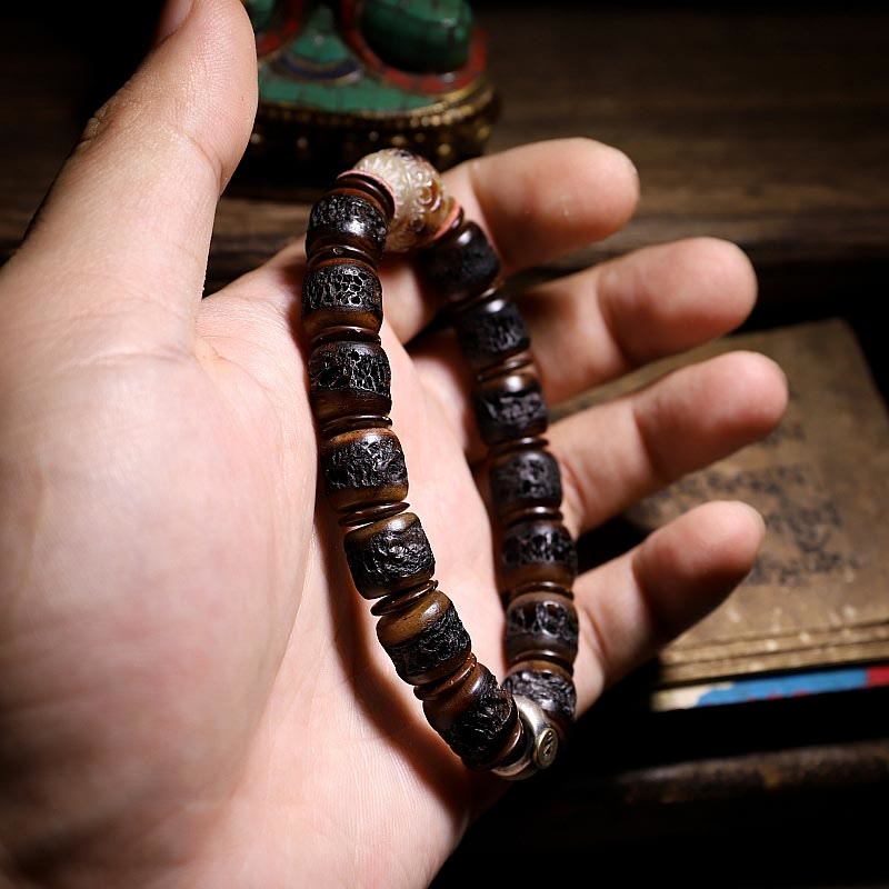 Bracelet en argent sterling avec os de yak et signe du zodiaque chinois, épaisseur 14 mm