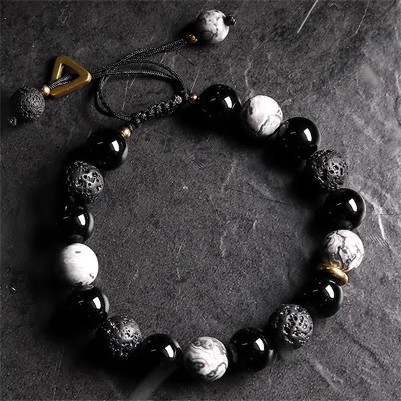 Black Obsidian Lava Rock Yin Yang Bracelet for Strength